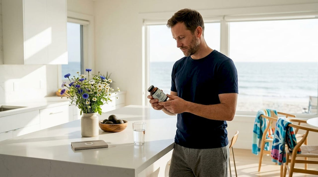 Man reading supplement label at kitchen counter
