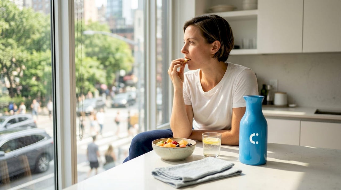 Woman eating slowly at kitchen table