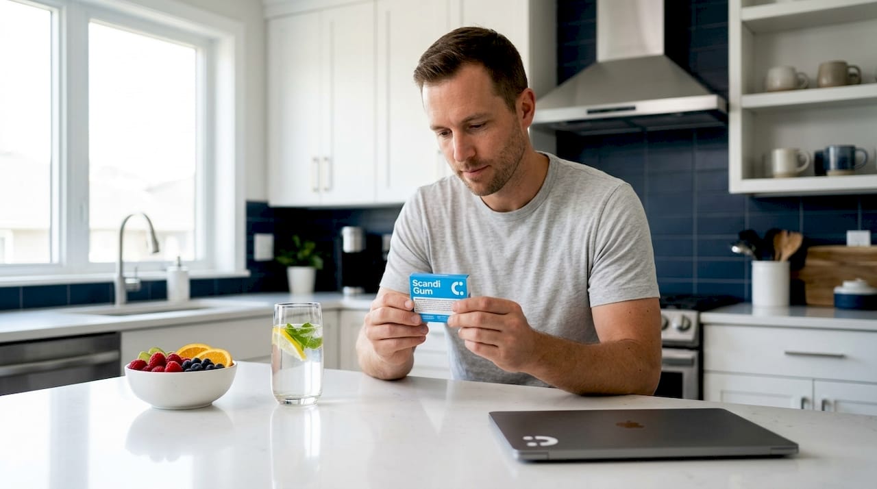 Man reading energy gum ingredients at table