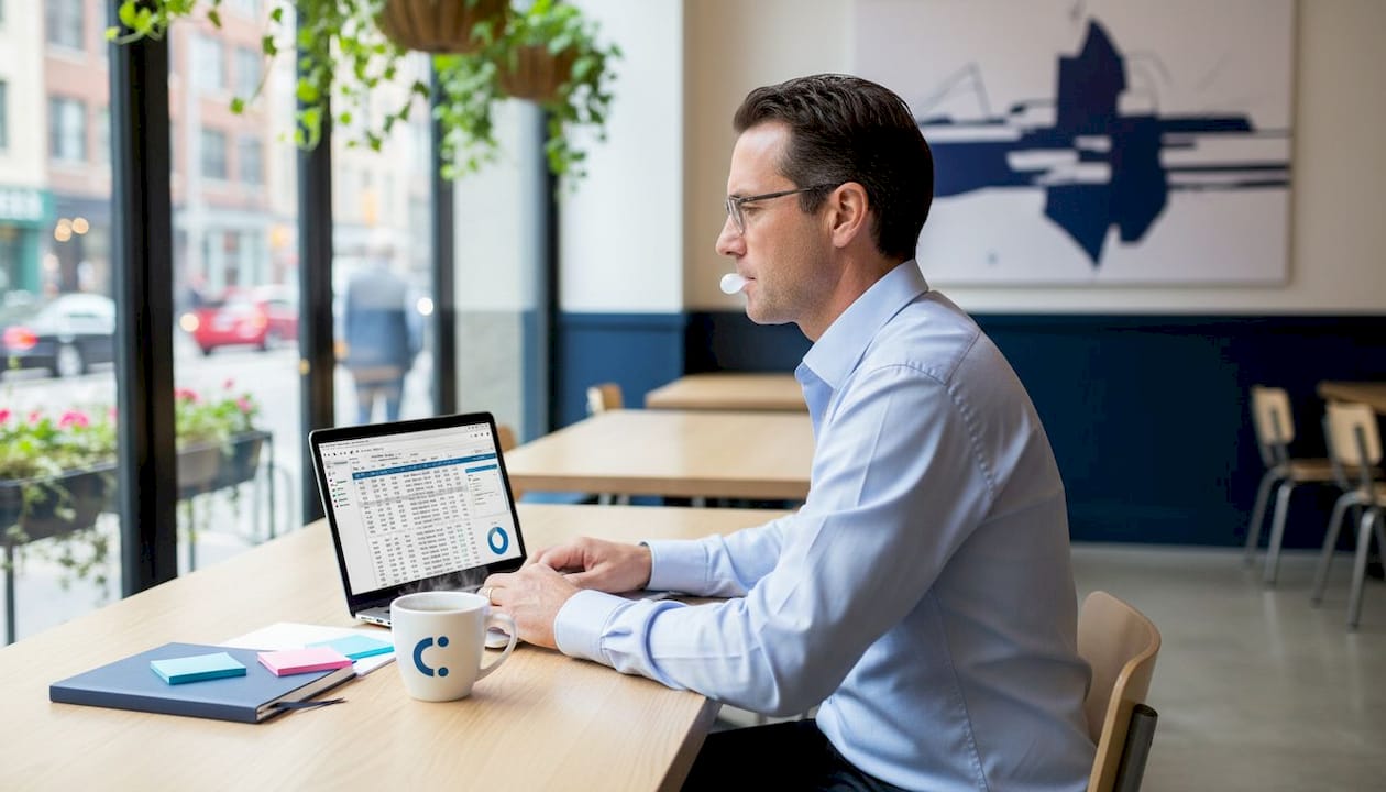 Man chewing gum at work desk reviewing laptop