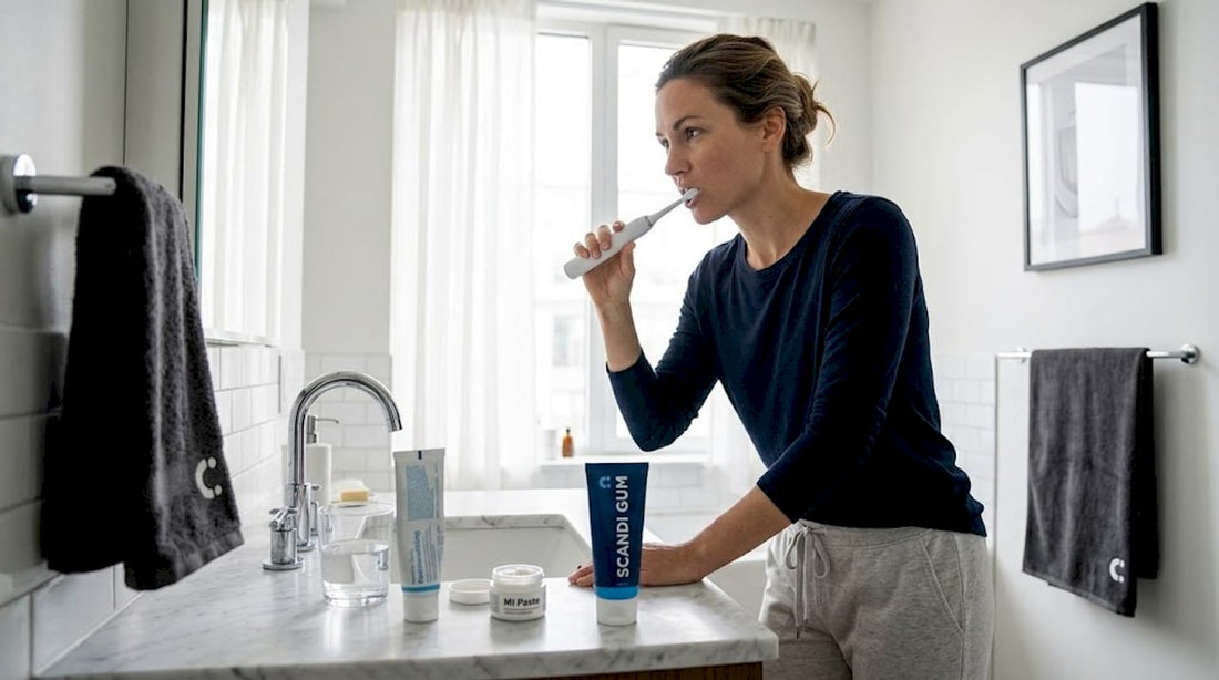 Woman brushing teeth with remineralizing products