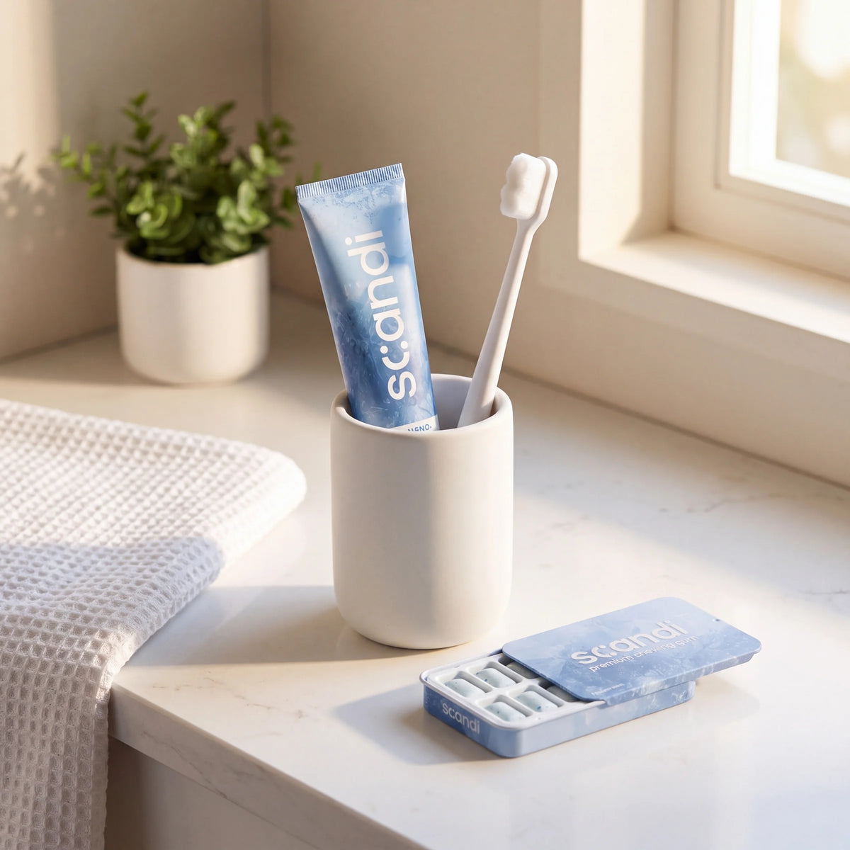 Scandi Gum, Nano Toothpaste and the Nano Brush on a bathroom sill